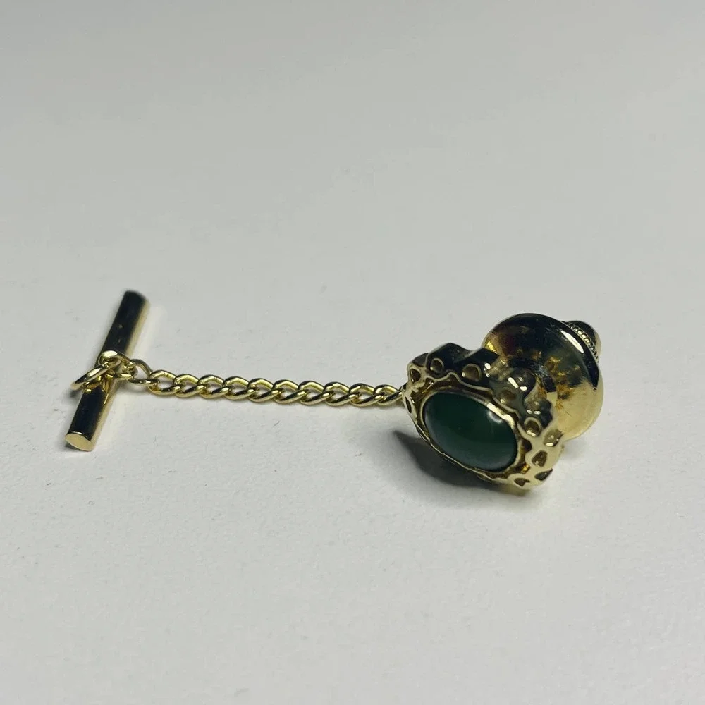 60s Gold Tone Tie Tack with Green‎ Stone